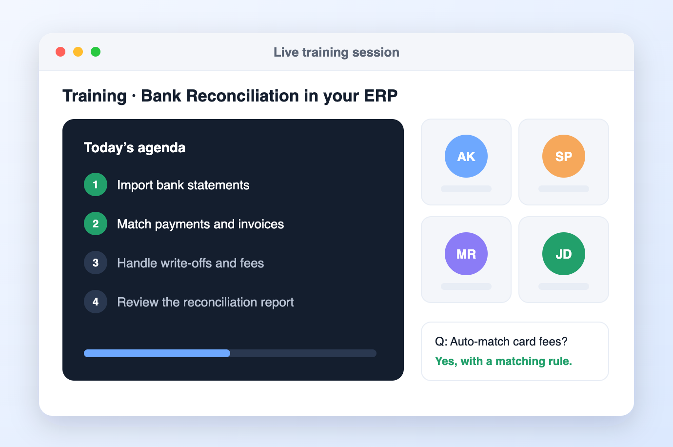 Live ERP training session on bank reconciliation with team participants